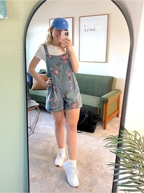 floral print denim shortall romper medium